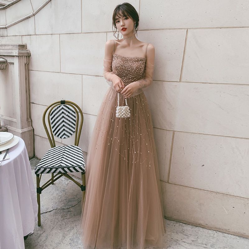 Sequined Gown A-Line Evening Puff-Sleeve