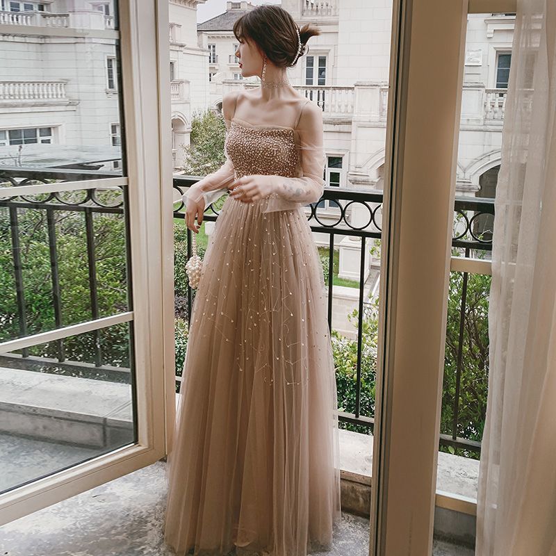 Sequined Gown A-Line Evening Puff-Sleeve