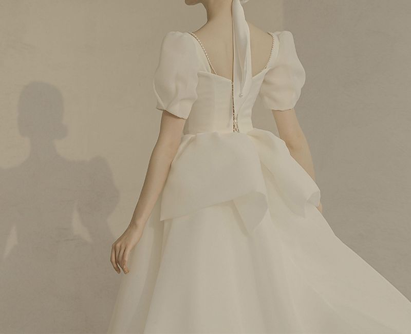 Gown Beaded Wedding A-Line Puff-Sleeve