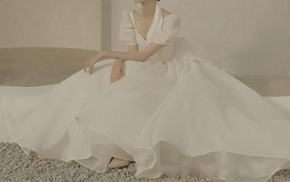 Gown Beaded Wedding A-Line Puff-Sleeve