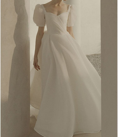 Gown Beaded Wedding A-Line Puff-Sleeve