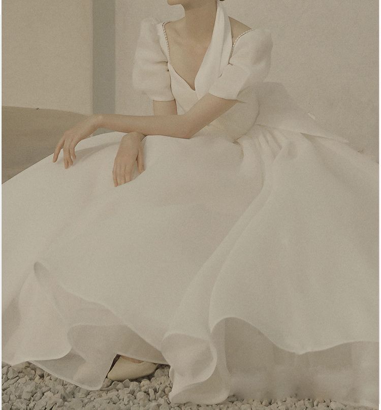 Gown Beaded Wedding A-Line Puff-Sleeve