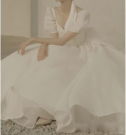 Gown Beaded Wedding A-Line Puff-Sleeve