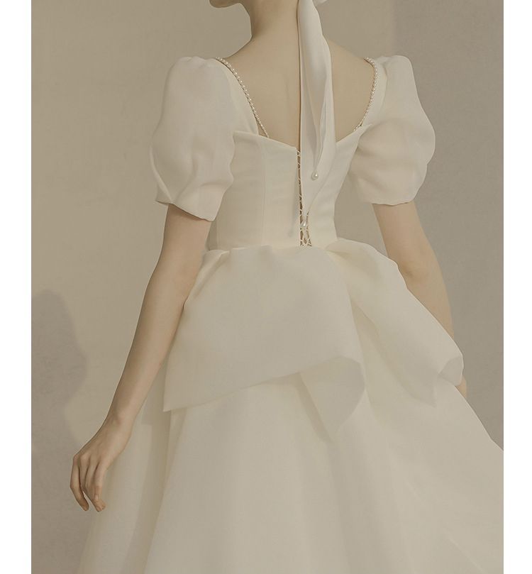 Gown Beaded Wedding A-Line Puff-Sleeve