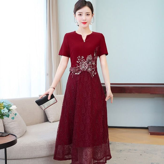 Short-Sleeve Floral Embroidered Midi A-Line Lace Qipao Dress