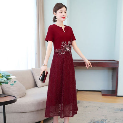 Short-Sleeve Floral Embroidered Midi A-Line Lace Qipao Dress