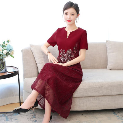 Short-Sleeve Floral Embroidered Midi A-Line Lace Qipao Dress