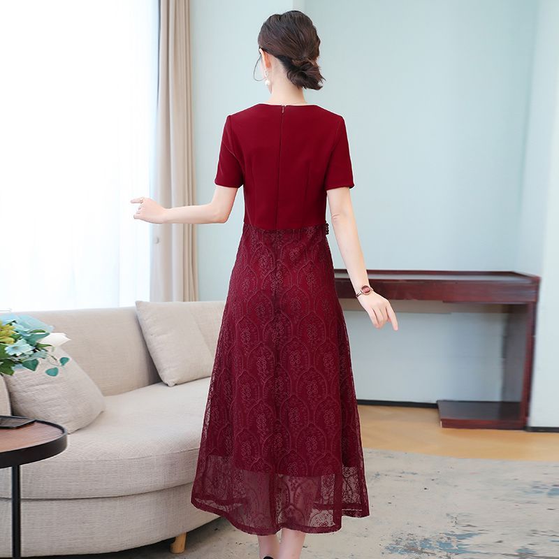 Short-Sleeve Floral Embroidered Midi A-Line Lace Qipao Dress