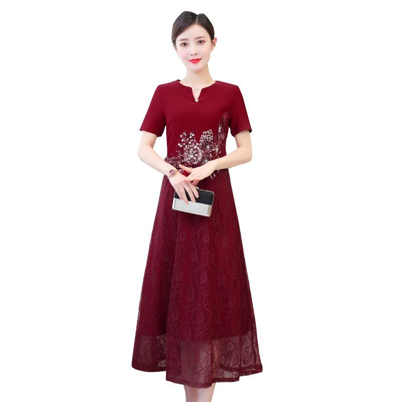 Short-Sleeve Floral Embroidered Midi A-Line Lace Qipao Dress