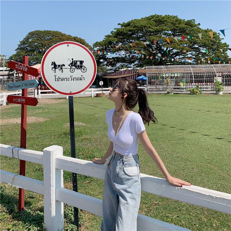 Short-Sleeve V-Neck Crop Top