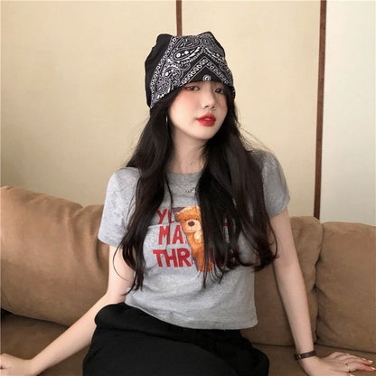 Short-Sleeve Bear Print Cropped T-Shirt