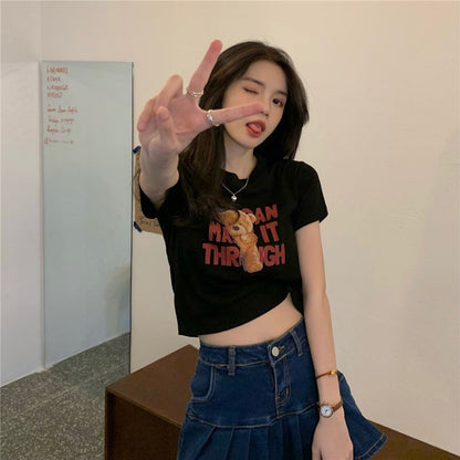Short-Sleeve Bear Print Cropped T-Shirt