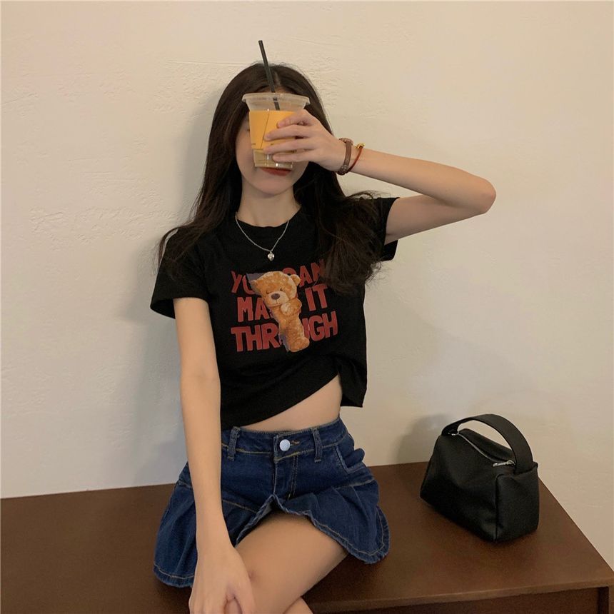 Short-Sleeve Bear Print Cropped T-Shirt