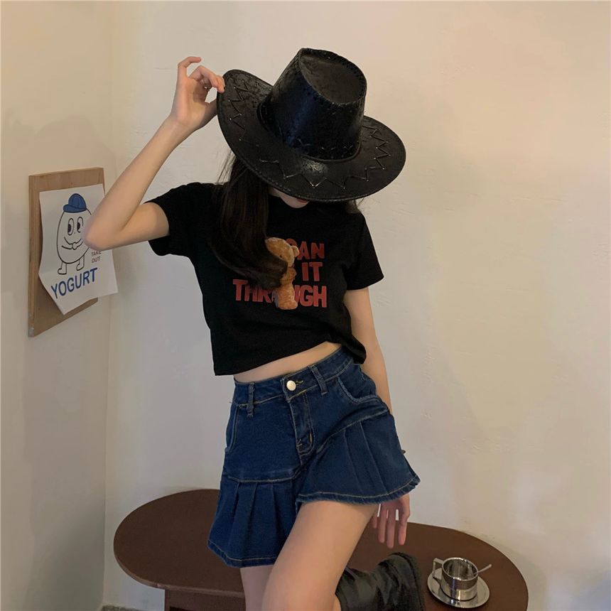 Short-Sleeve Bear Print Cropped T-Shirt