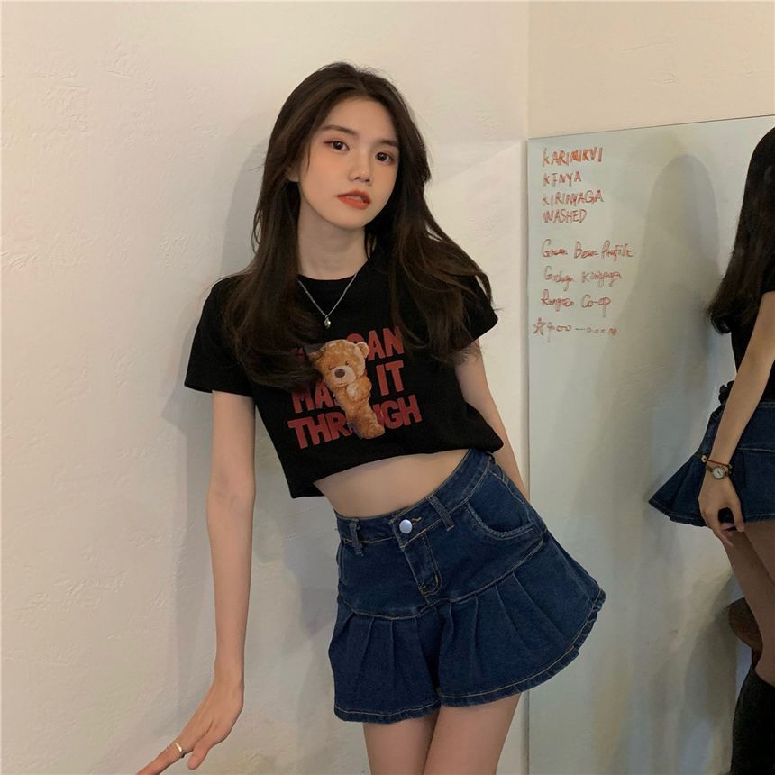 Short-Sleeve Bear Print Cropped T-Shirt