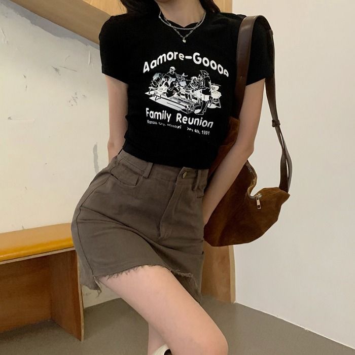 Short-Sleeve Cartoon Print Cropped T-Shirt