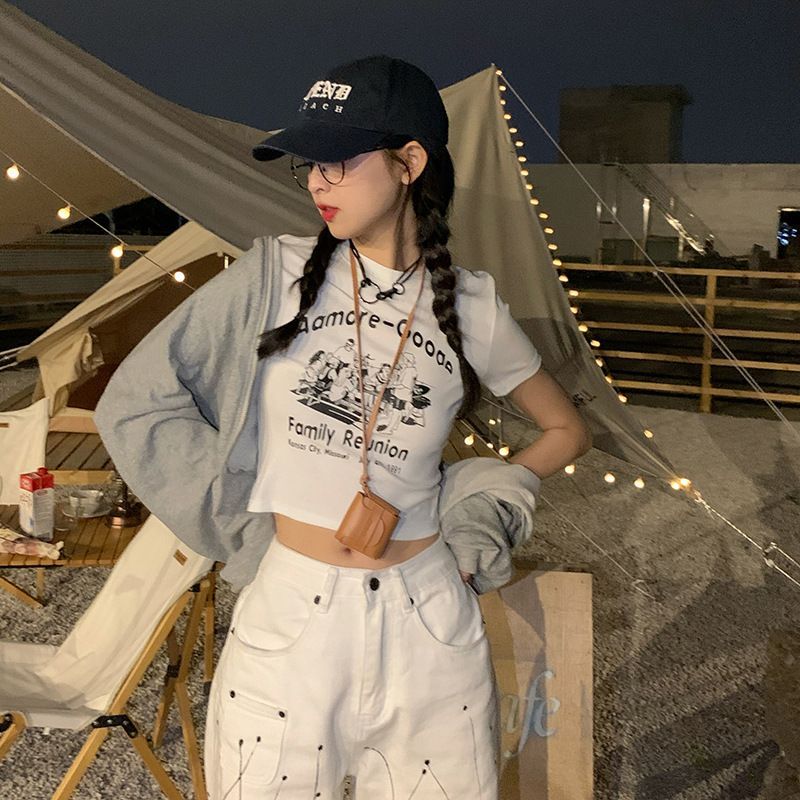 Short-Sleeve Cartoon Print Cropped T-Shirt