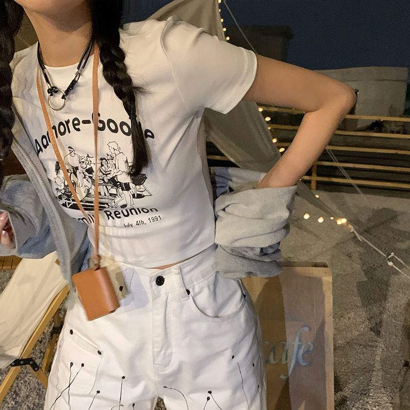 Short-Sleeve Cartoon Print Cropped T-Shirt