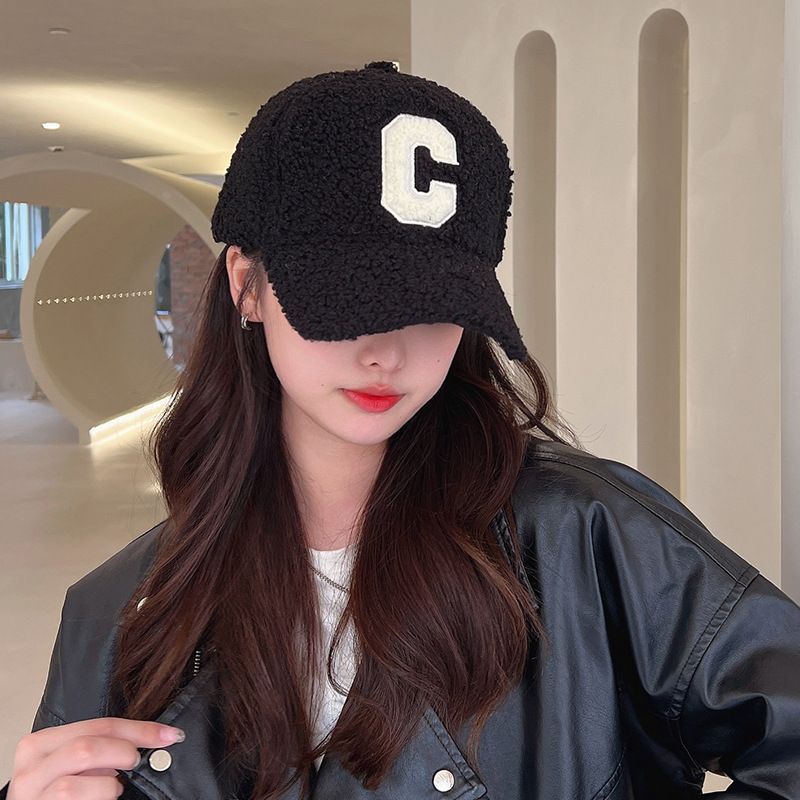 Lettering Applique Faux Shearling Baseball Cap