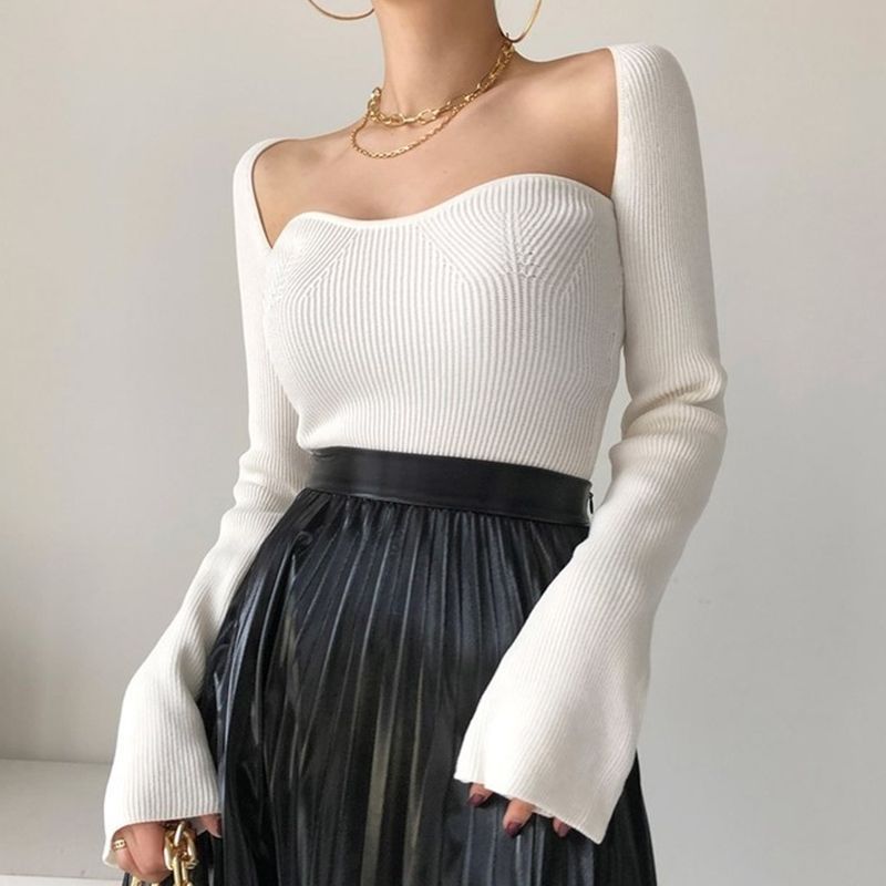 Square-Neck Ribbed Knit Top