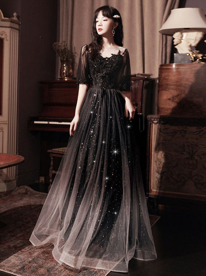 Short-Sleeve Sheer A-Line Evening Dress / Gown