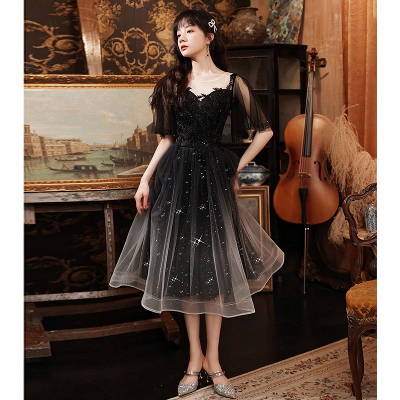 Short-Sleeve Sheer A-Line Evening Dress / Gown