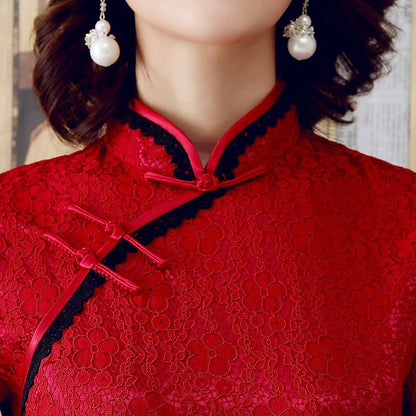 Short-Sleeve Contrast Trim Lace Qipao