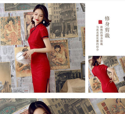 Short-Sleeve Contrast Trim Lace Qipao