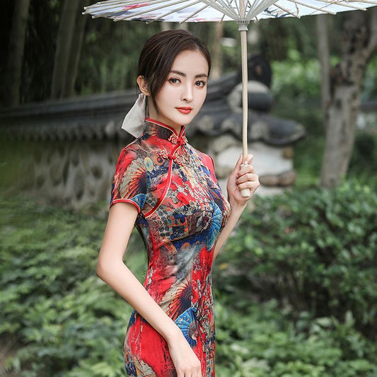 Short-Sleeve Print Midi Qipao