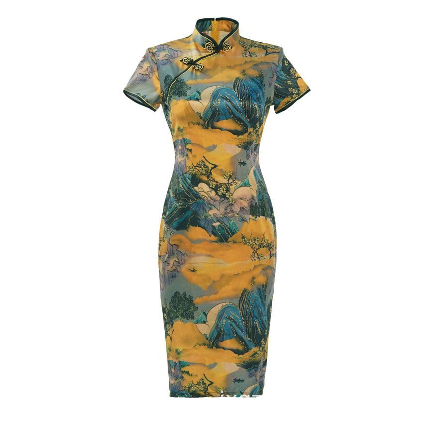 Short-Sleeve Print Midi Qipao