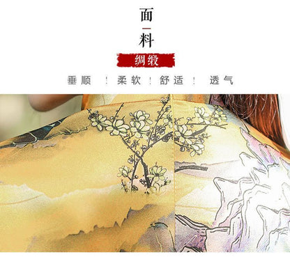 Short-Sleeve Print Midi Qipao