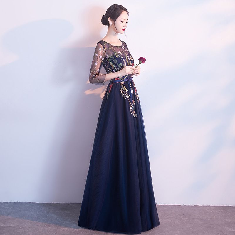 3/4-Sleeve A-Line Floral Evening Embroidered Gown
