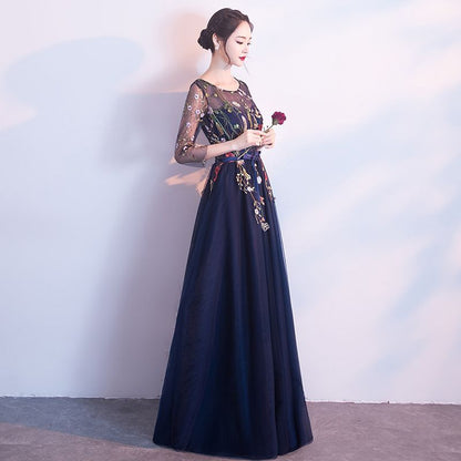 3/4-Sleeve A-Line Floral Evening Embroidered Gown