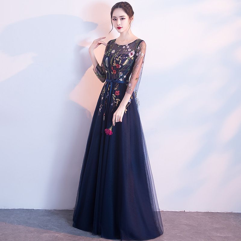 3/4-Sleeve A-Line Floral Evening Embroidered Gown