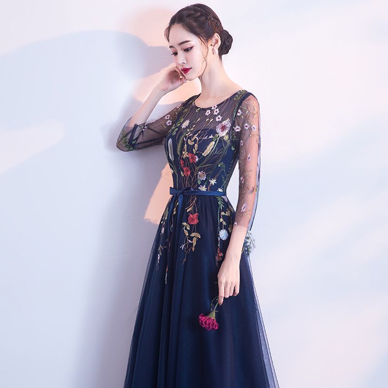 3/4-Sleeve A-Line Floral Evening Embroidered Gown