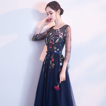 3/4-Sleeve A-Line Floral Evening Embroidered Gown