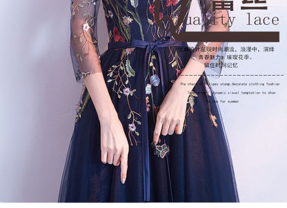 3/4-Sleeve A-Line Floral Evening Embroidered Gown