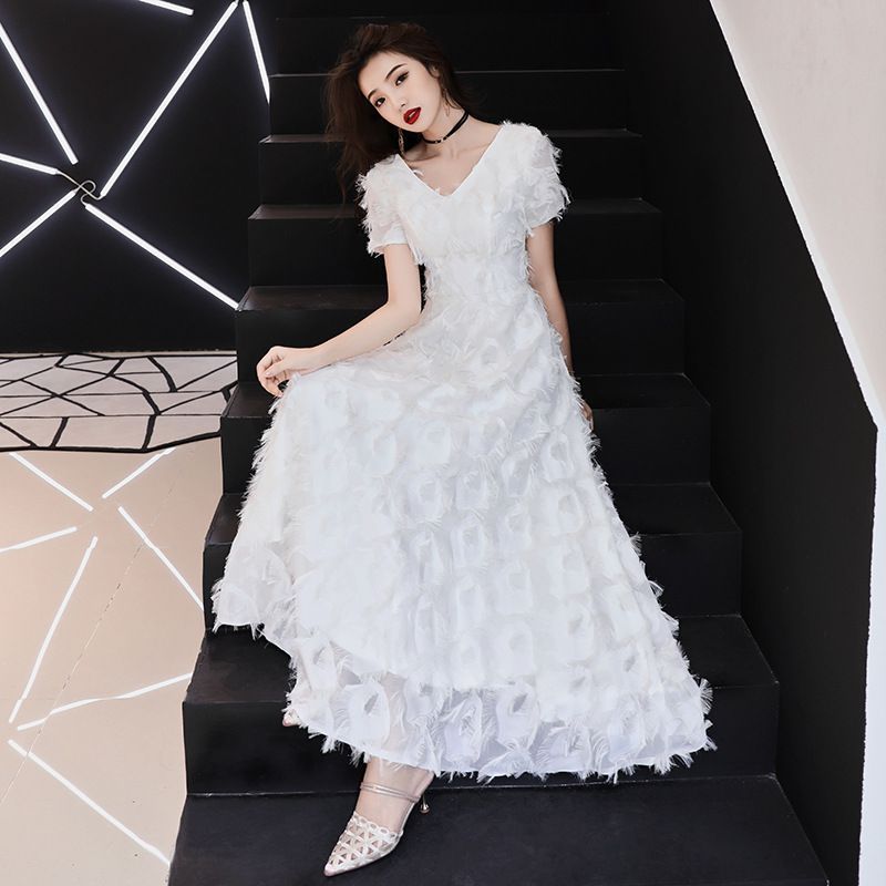 Short-Sleeve Fringed Evening Gown Trim A-Line