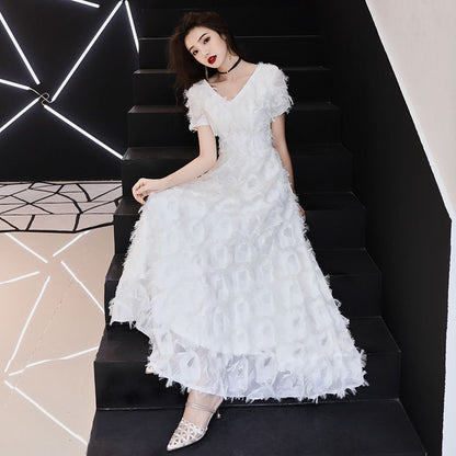 Short-Sleeve Fringed Evening Gown Trim A-Line