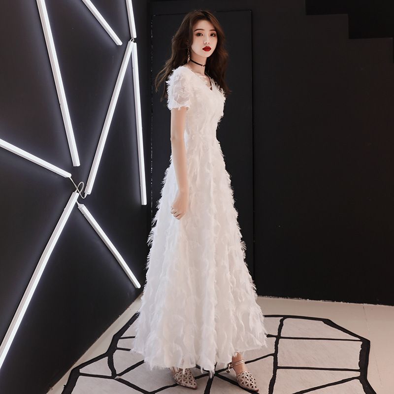 Short-Sleeve Fringed Evening Gown Trim A-Line