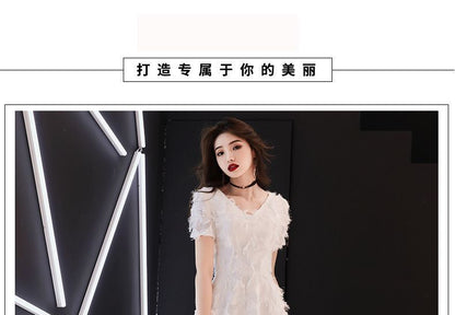 Short-Sleeve Fringed Evening Gown Trim A-Line