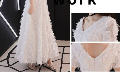 Short-Sleeve Fringed Evening Gown Trim A-Line