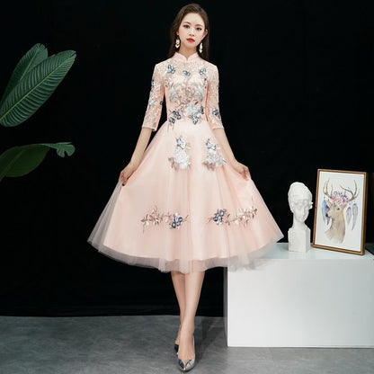 Floral Cocktail Elbow-Sleeve / Gown Embroidered Dress A-Line Evening