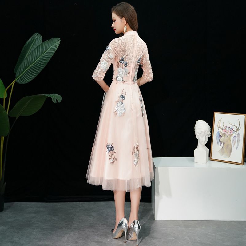 Floral Cocktail Elbow-Sleeve / Gown Embroidered Dress A-Line Evening