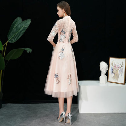 Floral Cocktail Elbow-Sleeve / Gown Embroidered Dress A-Line Evening