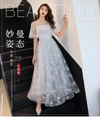 / Gown Dress Mesh Evening Cocktail Embroidered Star A-Line