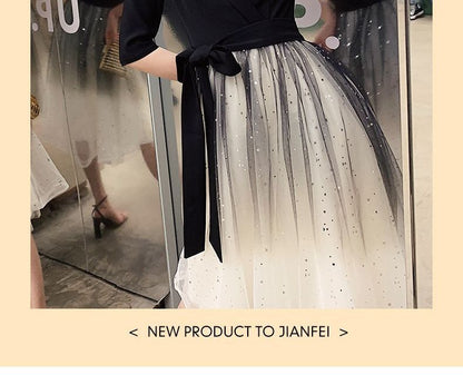 Elbow-Sleeve Sequined A-Line Evening Gown