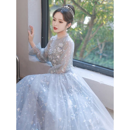 / Puff-Sleeve Cocktail Gown Dress Sequined Evening A-Line