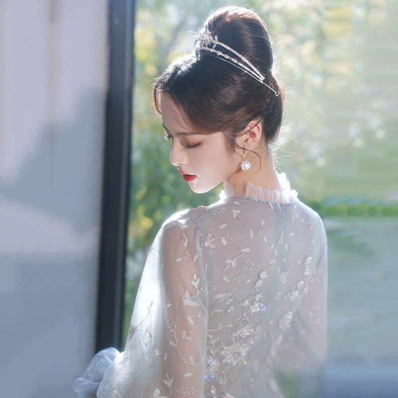 / Puff-Sleeve Cocktail Gown Dress Sequined Evening A-Line