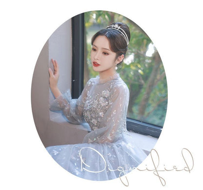 / Puff-Sleeve Cocktail Gown Dress Sequined Evening A-Line